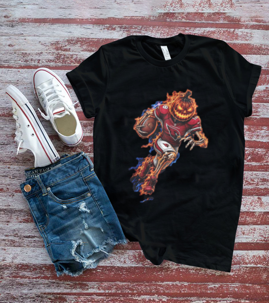 Arizona Cardinals Flaming Pumpkin Head Skeleton Football Player Halloween T-Shirt