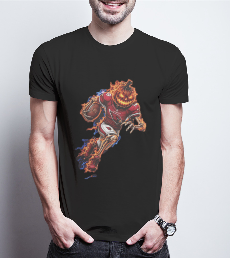 Arizona Cardinals Flaming Pumpkin Head Skeleton Football Player Halloween T-Shirt