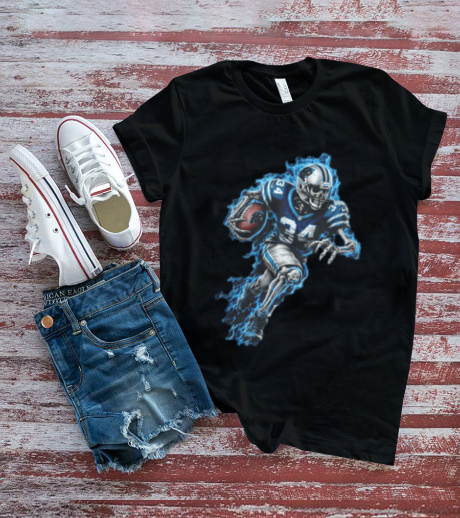 Carolina Panthers Skeleton Running Back 34 Blue Flames Football T-Shirt