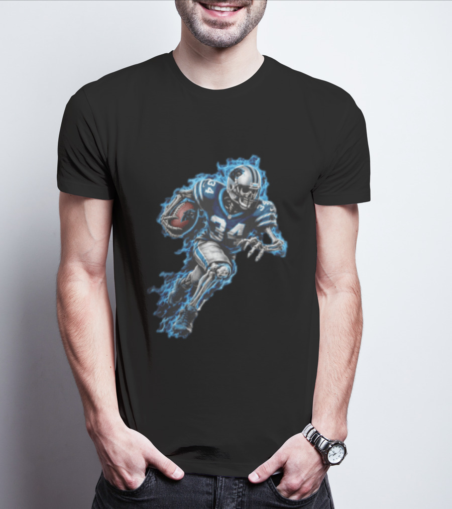 Carolina Panthers Skeleton Running Back 34 Blue Flames Football T-Shirt