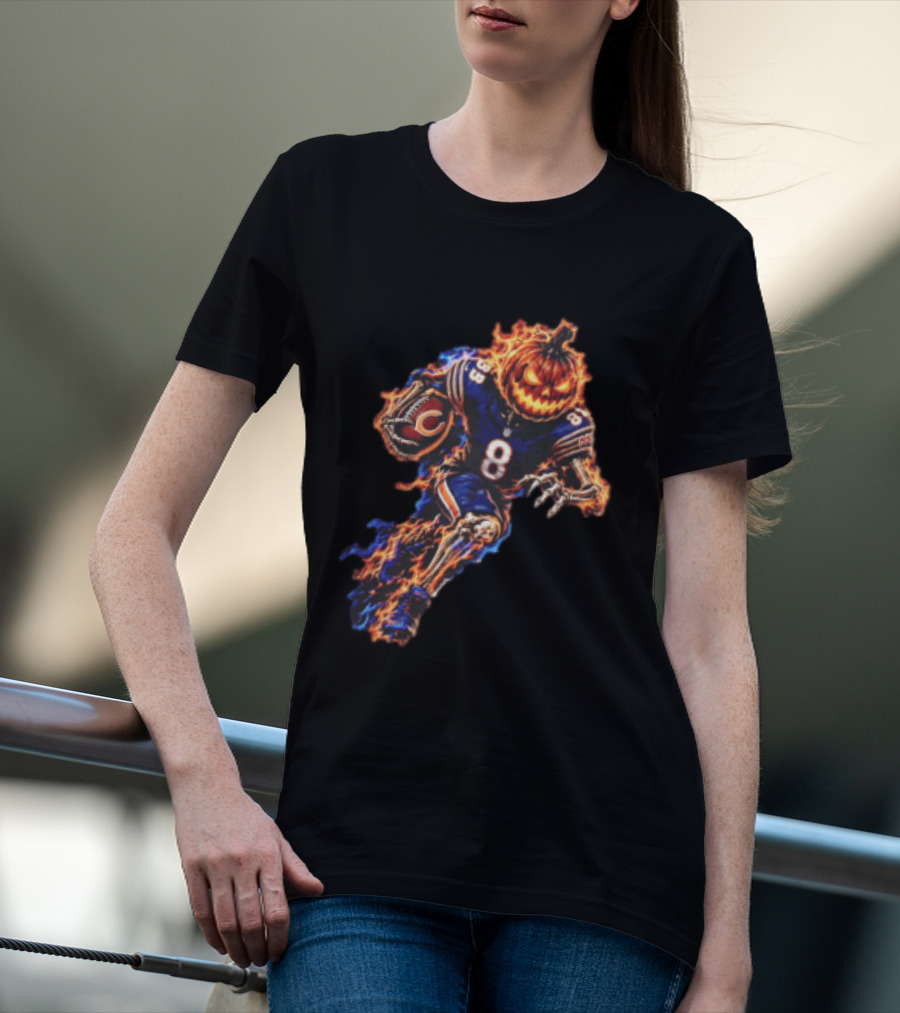 Chicago Bears Flaming Pumpkin Skeleton Football Running Halloween Scary Sports Fan T-Shirt