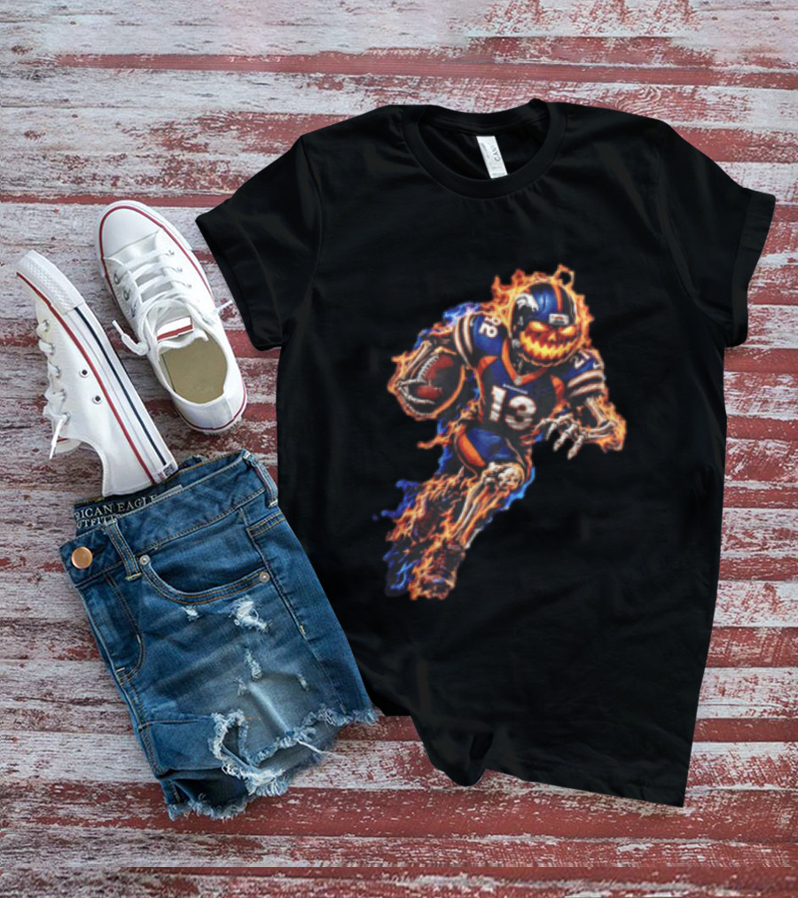 Denver Broncos Fiery Pumpkin Head Skeleton Football Player T-Shirt