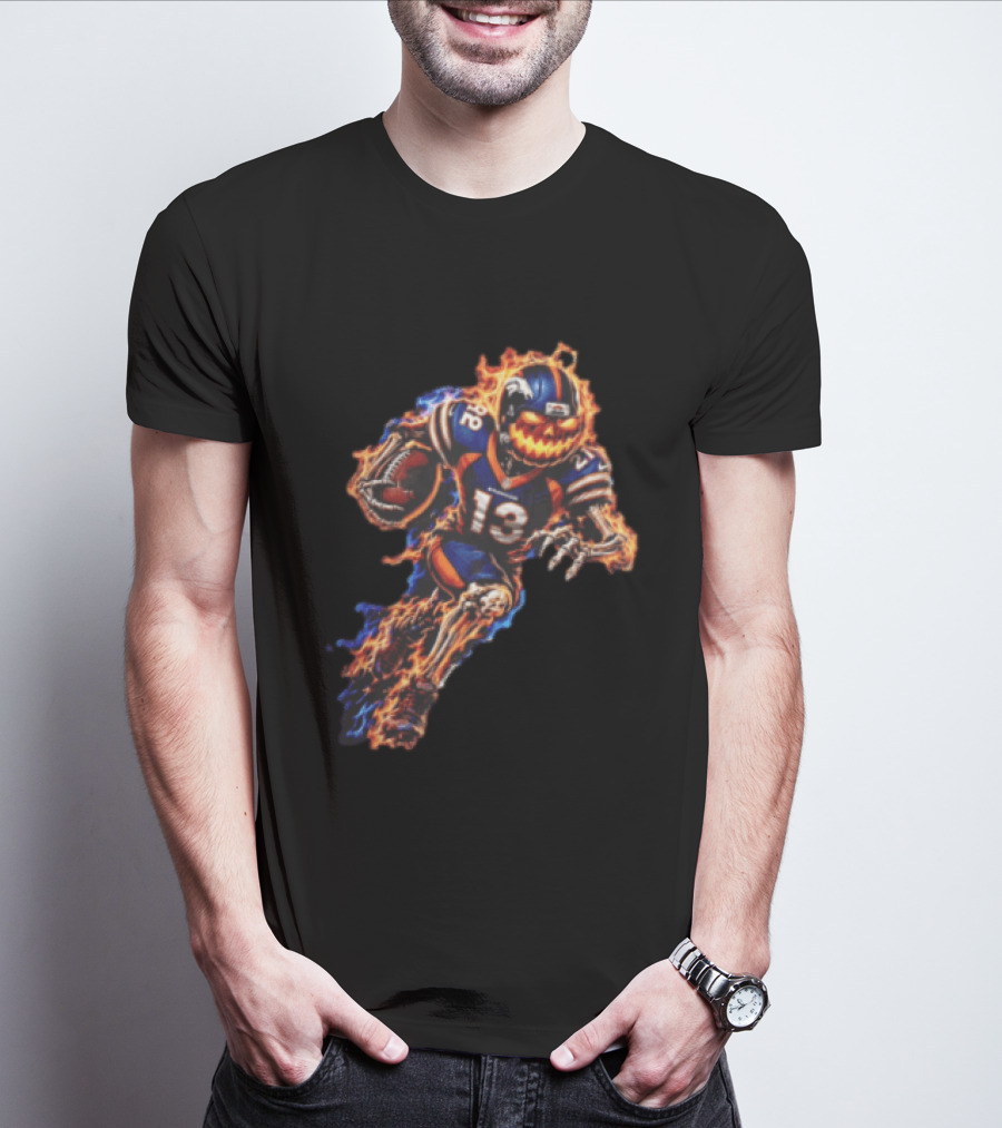 Denver Broncos Fiery Pumpkin Head Skeleton Football Player T-Shirt