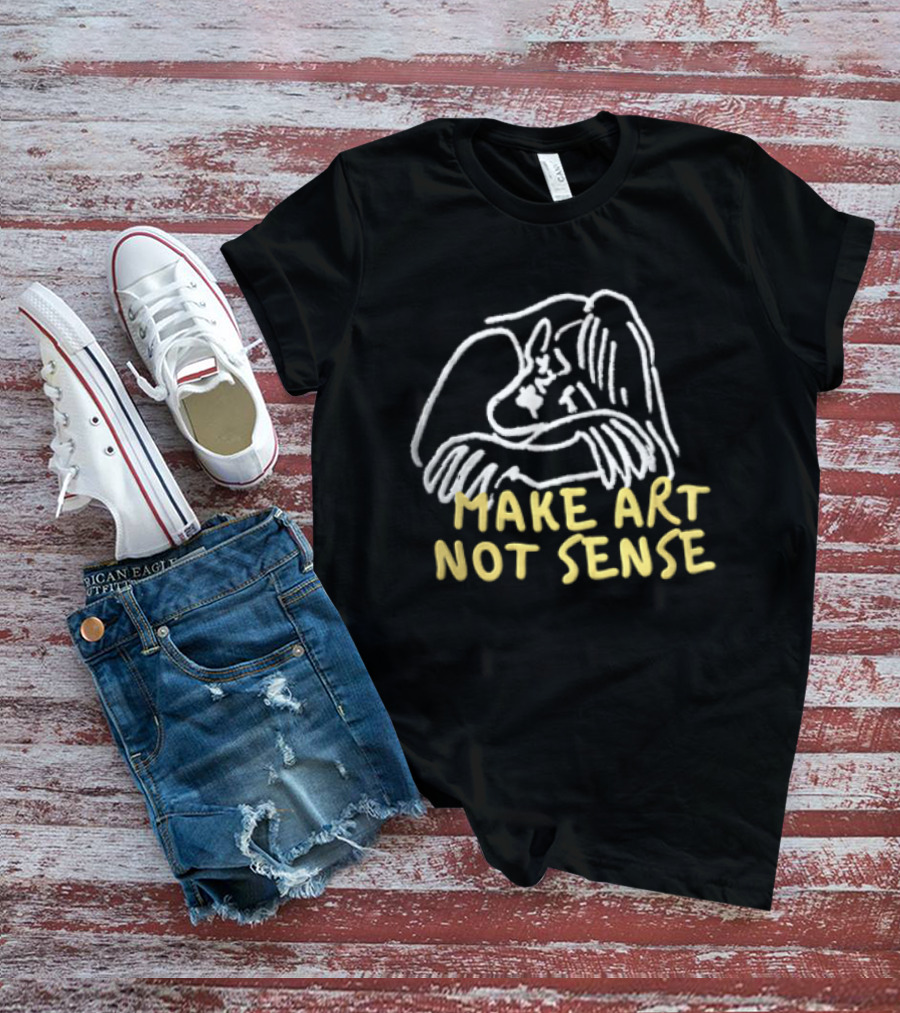 Make Art Not Sense White Line Figure Hugging Knees T-Shirt