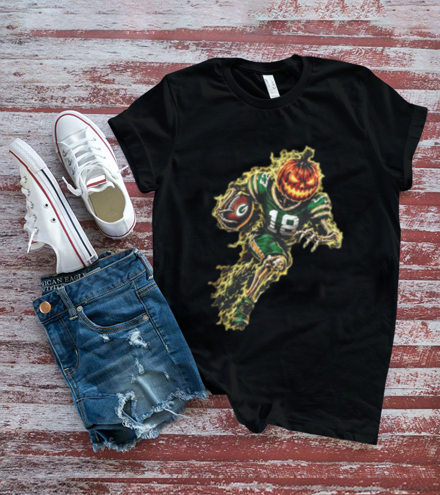 Green Bay Packers Halloween Pumpkin Head Skeleton Football Player Running T-Shirt