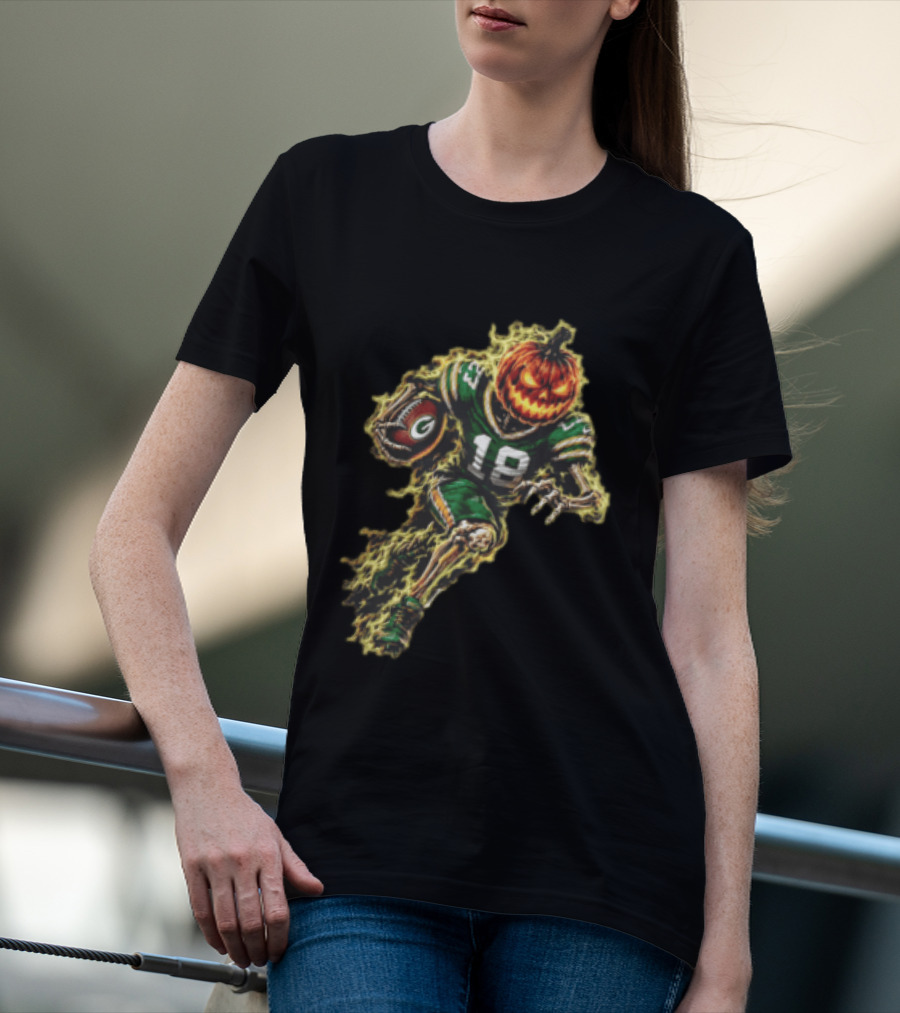 Green Bay Packers Halloween Pumpkin Head Skeleton Football Player Running T-Shirt