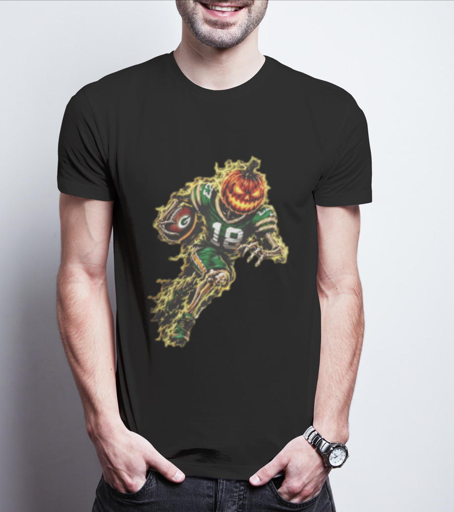 Green Bay Packers Halloween Pumpkin Head Skeleton Football Player Running T-Shirt