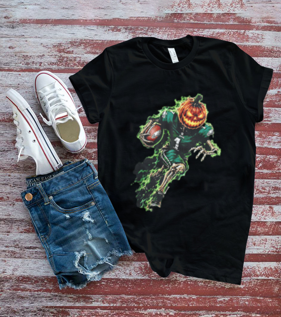 Philadelphia Eagles Pumpkin Head Skeleton Player Green Flames Football T-Shirt