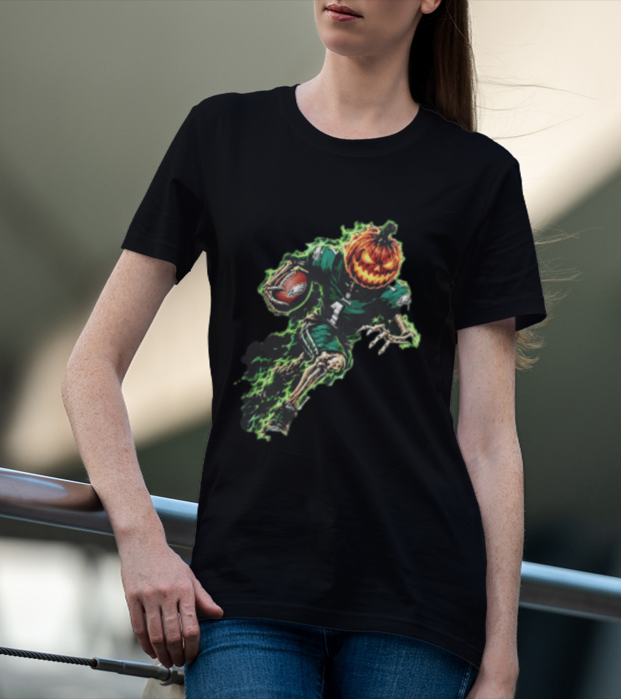Philadelphia Eagles Pumpkin Head Skeleton Player Green Flames Football T-Shirt