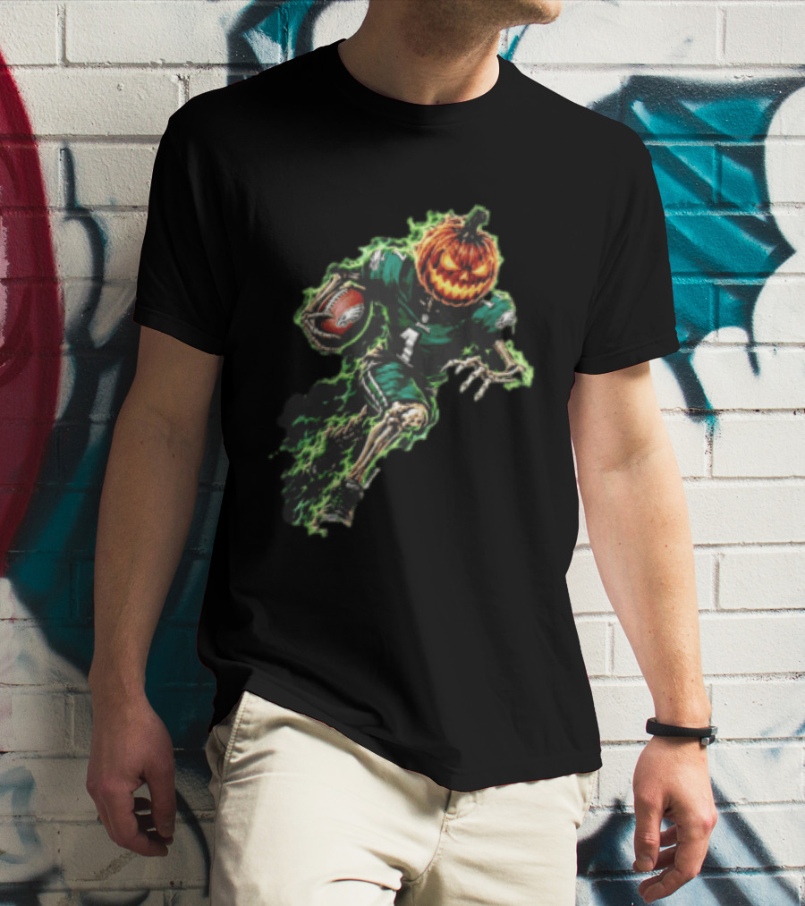 Philadelphia Eagles Pumpkin Head Skeleton Player Green Flames Football T-Shirt