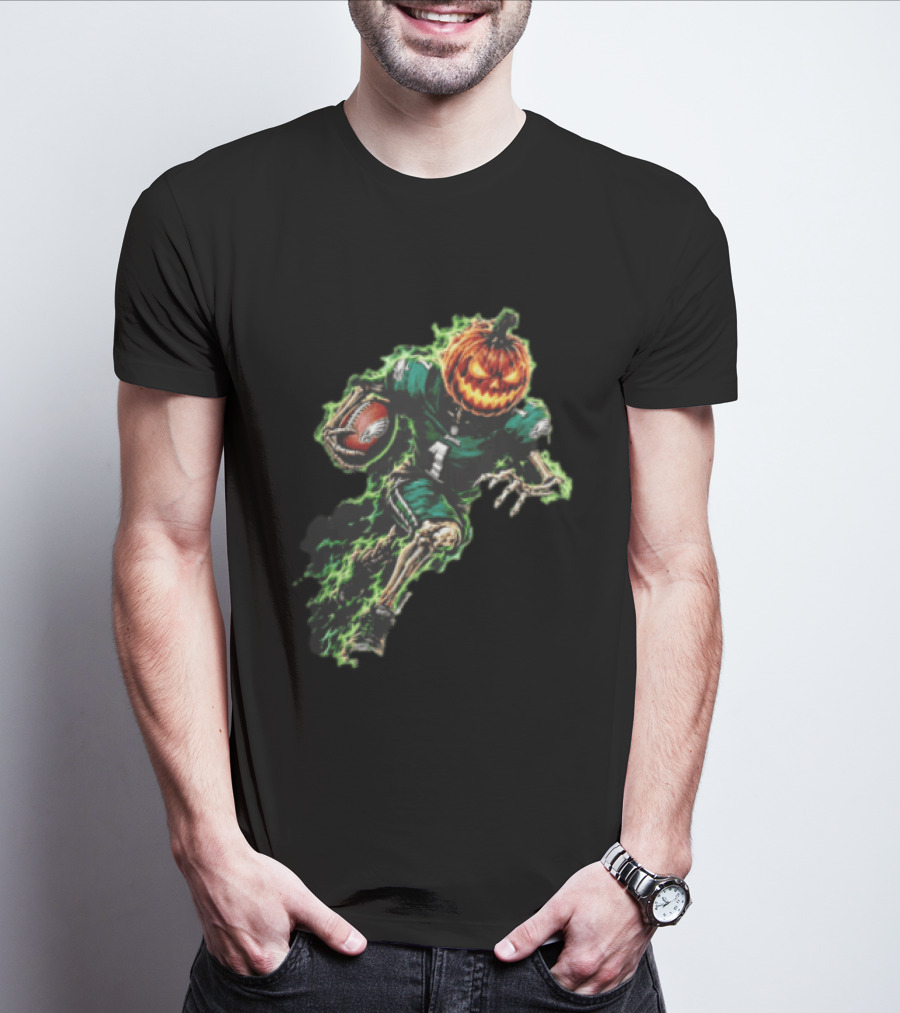 Philadelphia Eagles Pumpkin Head Skeleton Player Green Flames Football T-Shirt