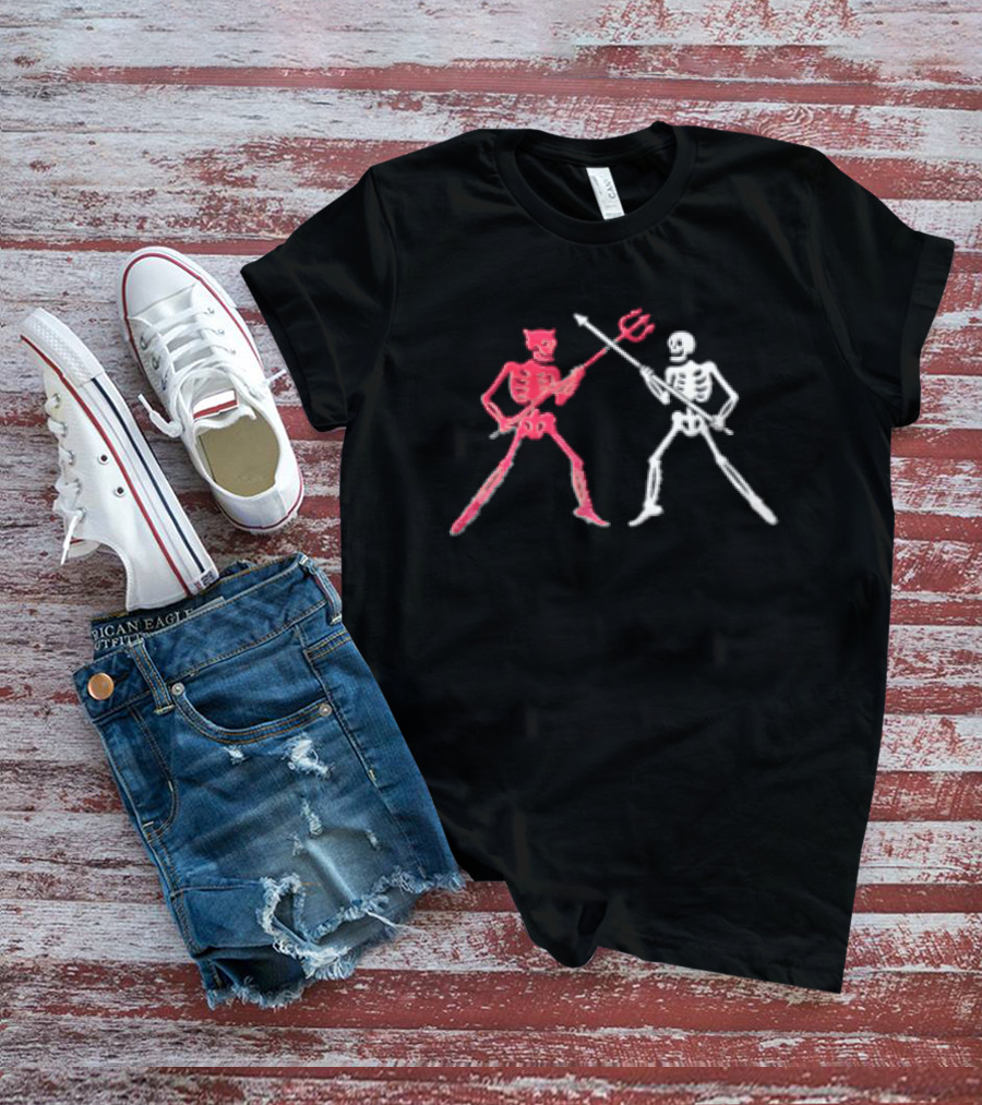 Red Horned Devil And White Skeleton Dueling With Spear And Trident Line T-Shirt