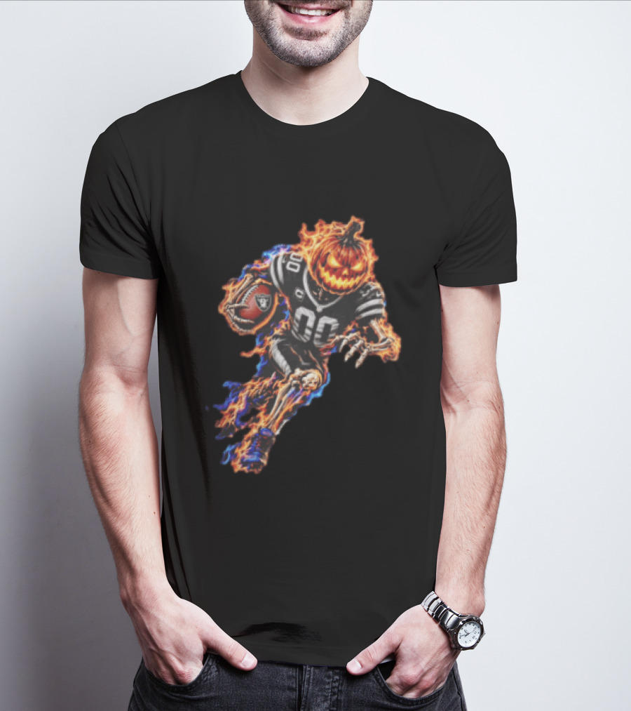 Las Vegas Raiders Flaming Pumpkin Skeleton Football Player Halloween T-Shirt