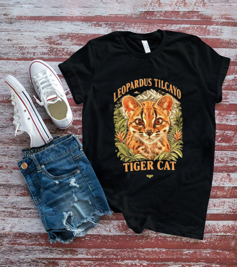 Leopardus Tilcayo Tiger Cat Wildlife Art With Foliage And Mountain T-Shirt