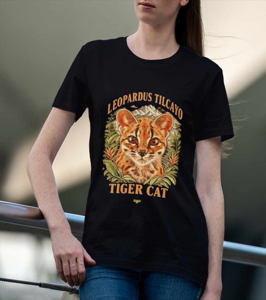 Leopardus Tilcayo Tiger Cat Wildlife Art With Foliage And Mountain T-Shirt