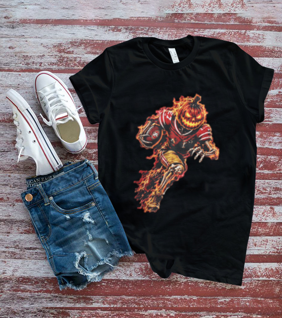 San Francisco 49ers Halloween Fiery Pumpkin Head Skeleton Football Player T-Shirt