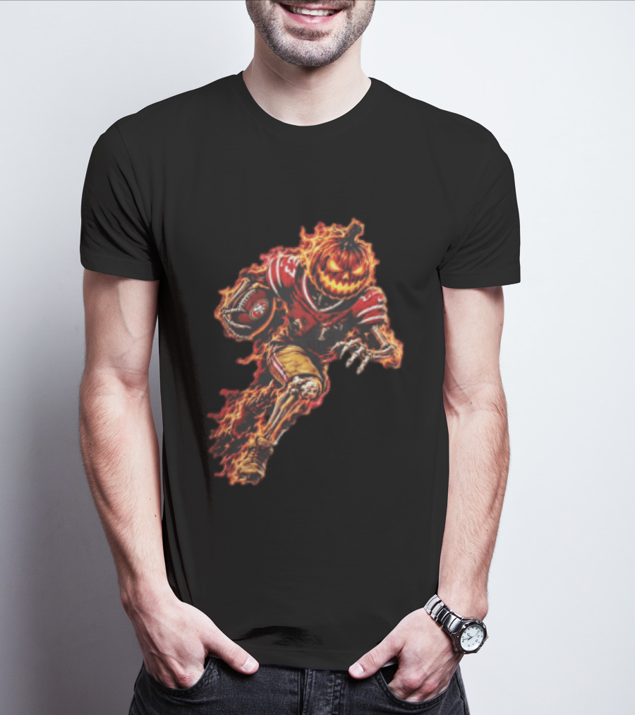 San Francisco 49ers Halloween Fiery Pumpkin Head Skeleton Football Player T-Shirt