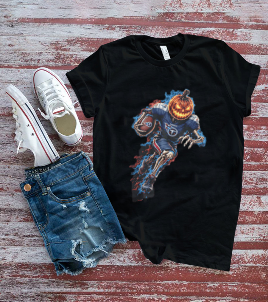 Tennessee Titans Pumpkin Head Skeleton Football Player Blue Flames Halloween NFL T-Shirt