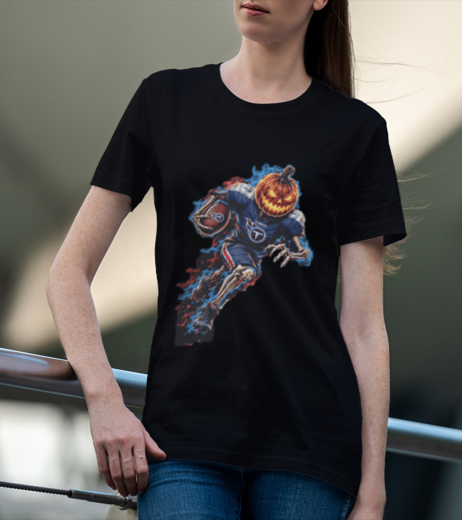 Tennessee Titans Pumpkin Head Skeleton Football Player Blue Flames Halloween NFL T-Shirt