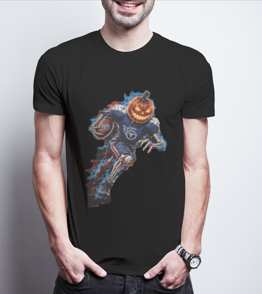 Tennessee Titans Pumpkin Head Skeleton Football Player Blue Flames Halloween NFL T-Shirt