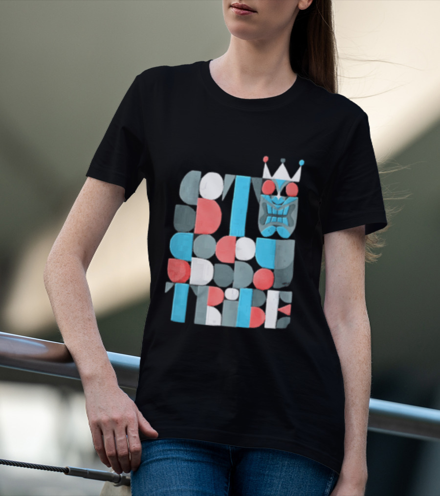 Tribe Crowned Tiki Mask Geometric Color Block T-Shirt