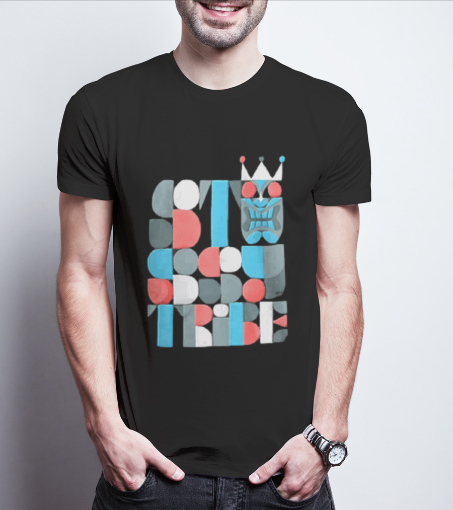 Tribe Crowned Tiki Mask Geometric Color Block T-Shirt