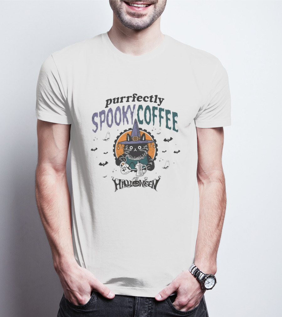 Purrfectly Spooky Coffee Witch Cat Halloween T-Shirt