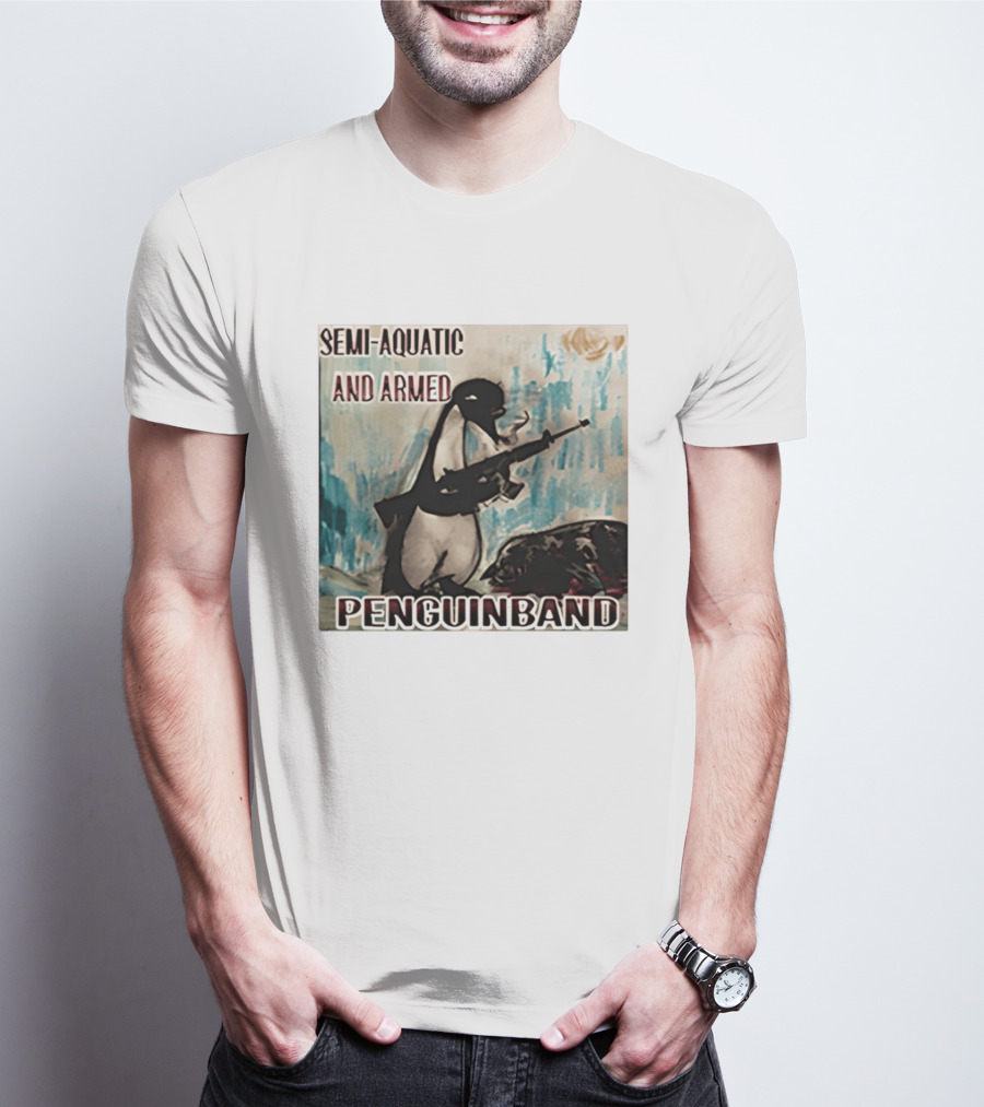 Semi Aquatic And Armed Penguin Band With Rifle T-Shirt