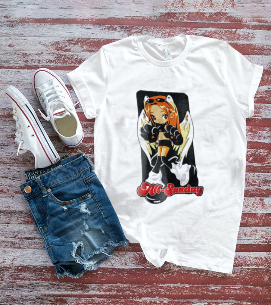All Sunday Anime Girl With Angel Wings Paw Gloves And Platform Boots T-Shirt