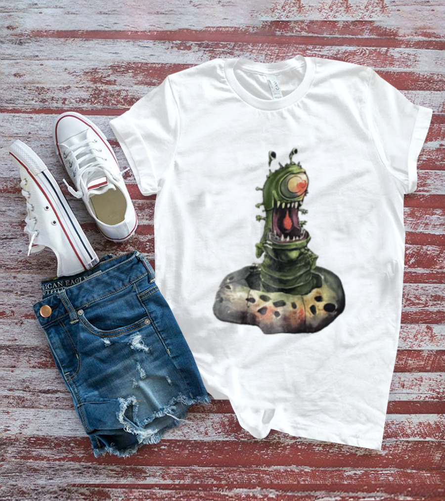 Cartoon Monstrous One Eyed Green Creature Emerging From Ground Hole T-Shirt