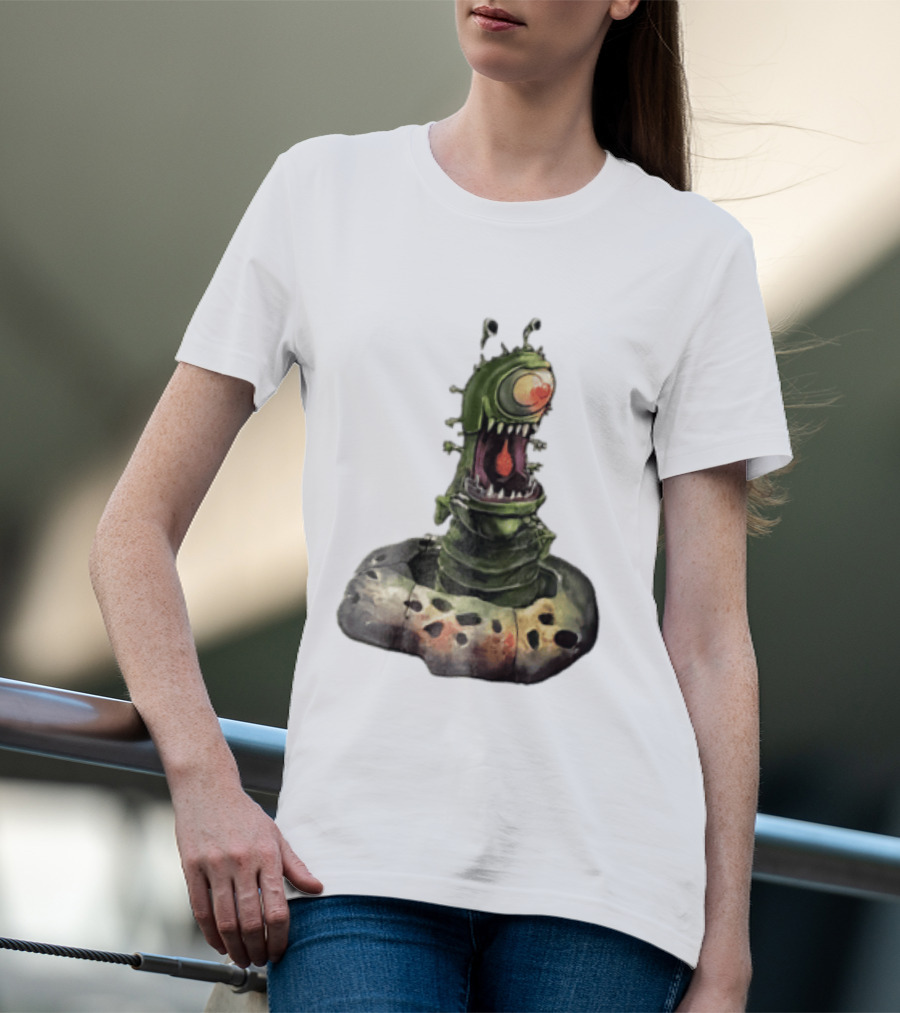 Cartoon Monstrous One Eyed Green Creature Emerging From Ground Hole T-Shirt