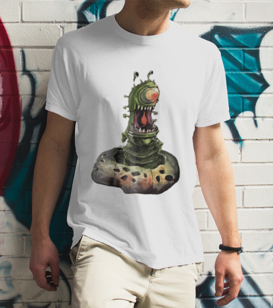 Cartoon Monstrous One Eyed Green Creature Emerging From Ground Hole T-Shirt