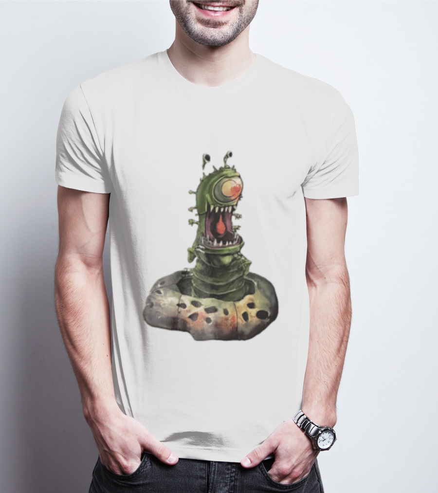 Cartoon Monstrous One Eyed Green Creature Emerging From Ground Hole T-Shirt