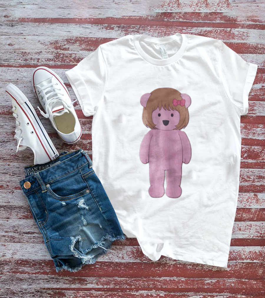Cartoon Pink Bear With Brown Bob Haircut And Red Ribbon Bow T-Shirt