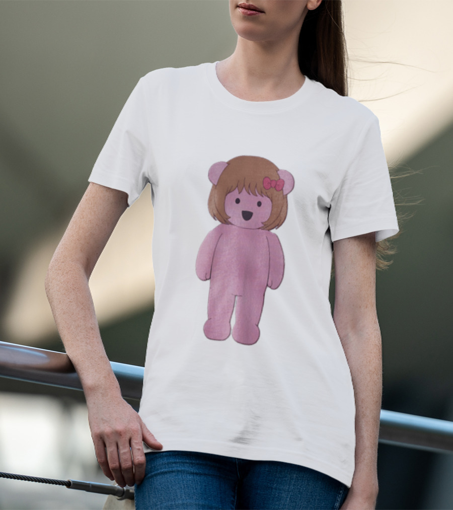Cartoon Pink Bear With Brown Bob Haircut And Red Ribbon Bow T-Shirt