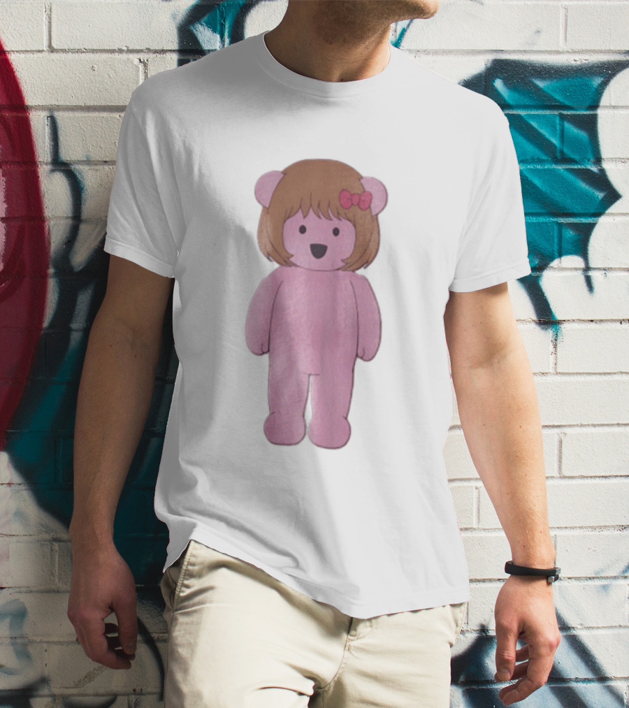 Cartoon Pink Bear With Brown Bob Haircut And Red Ribbon Bow T-Shirt