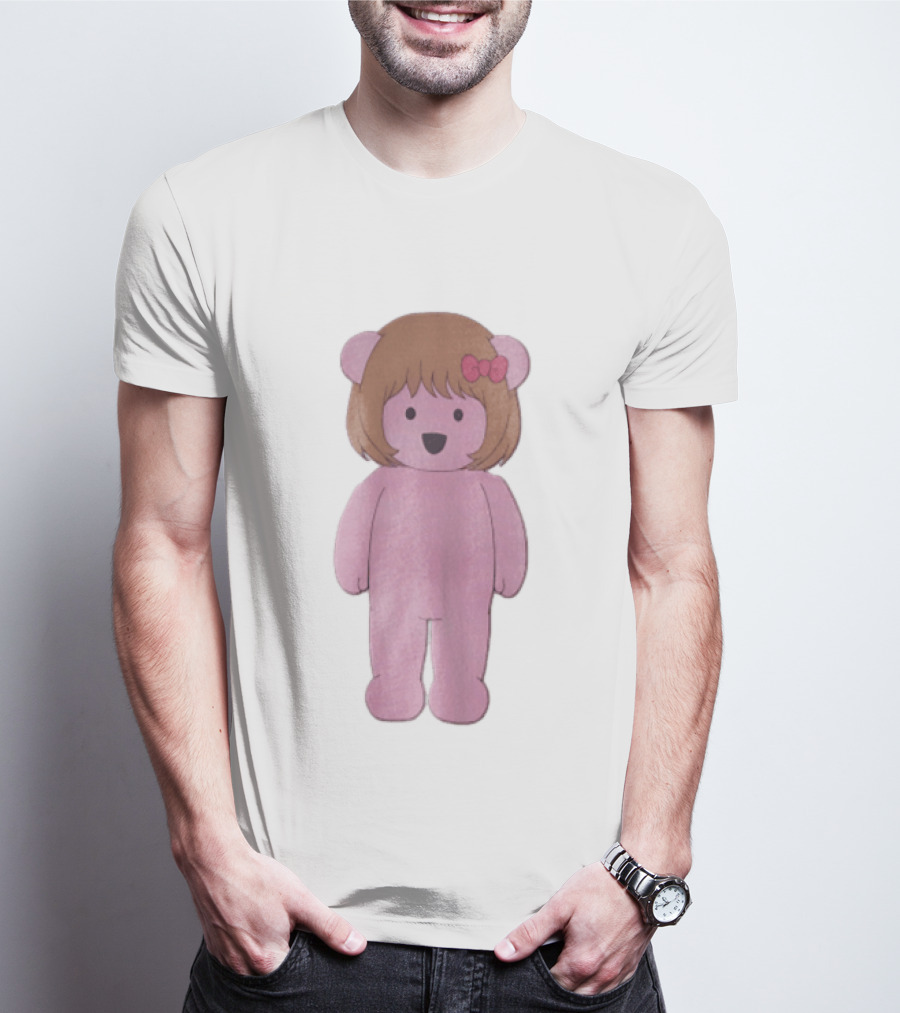 Cartoon Pink Bear With Brown Bob Haircut And Red Ribbon Bow T-Shirt