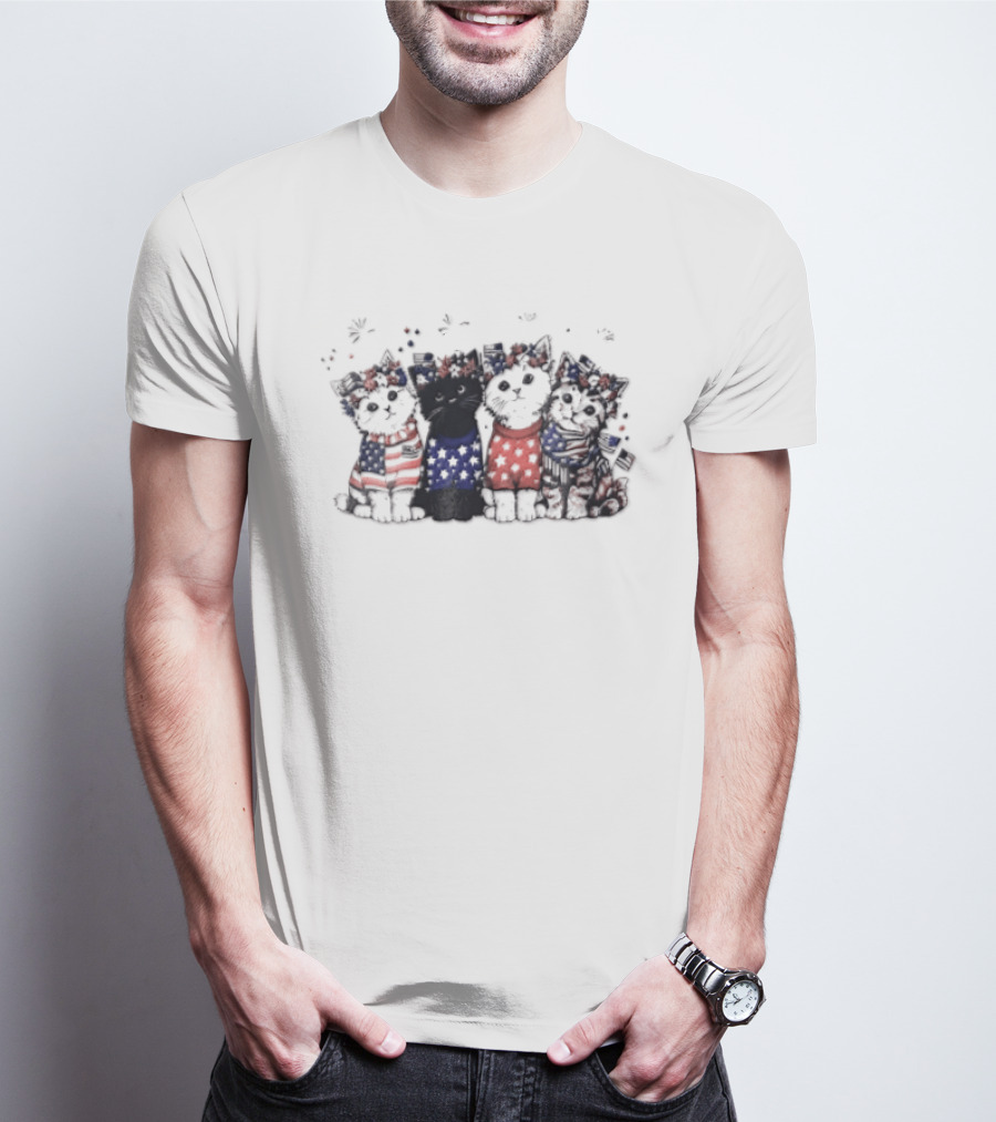 Four Patriotic Watercolor Kittens Fireworks Celebration Red White Blue T-Shirt