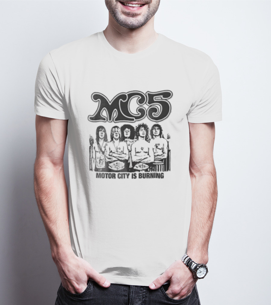 MC5 Motor City Is Burning Monochrome Halftone Band Photo T-Shirt