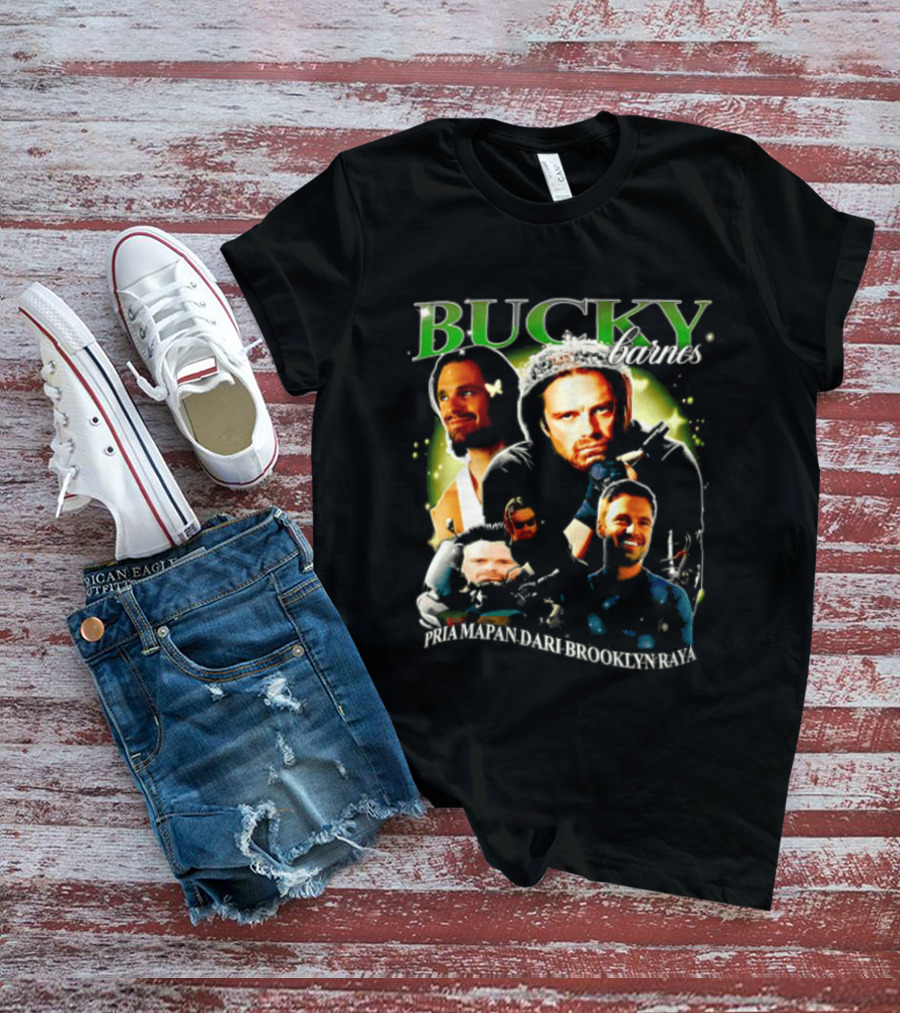 Bucky Barnes Sebastian Stan Pria Mapan Dari Brooklyn Raya Multiple Photos Crown Marvel T-Shirt