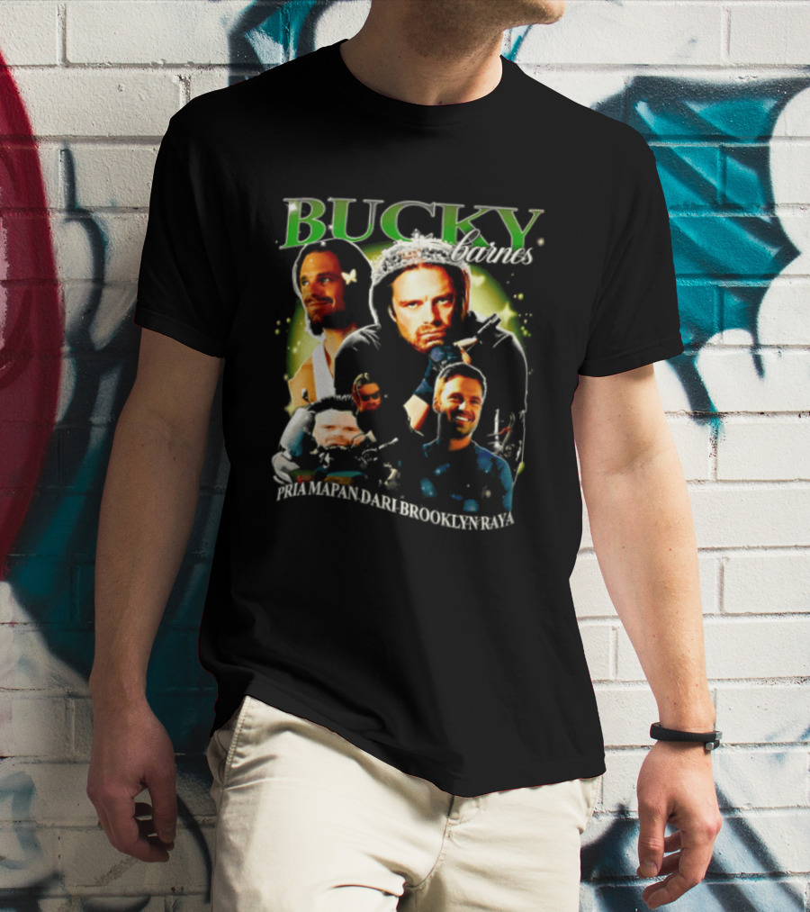 Bucky Barnes Sebastian Stan Pria Mapan Dari Brooklyn Raya Multiple Photos Crown Marvel T-Shirt