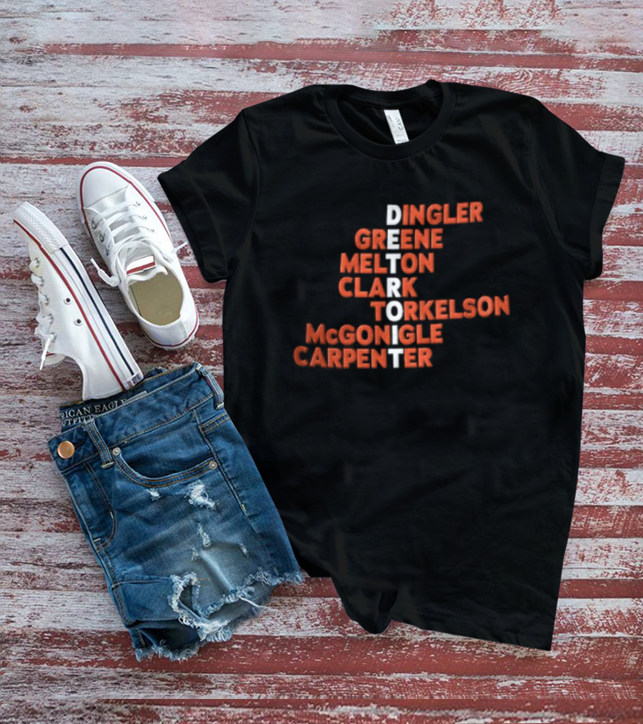 Detroit Tigers Dingler Greene Melton Clark Spencer Torkelson Mcgonigle Carpenter Names Vertical Arrangement T-Shirt