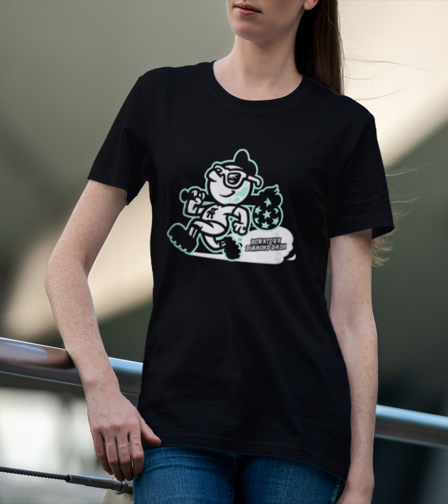 Downtown Diamond Dash Baseball Cartoon Character Running Carrying Star Bag T-Shirt