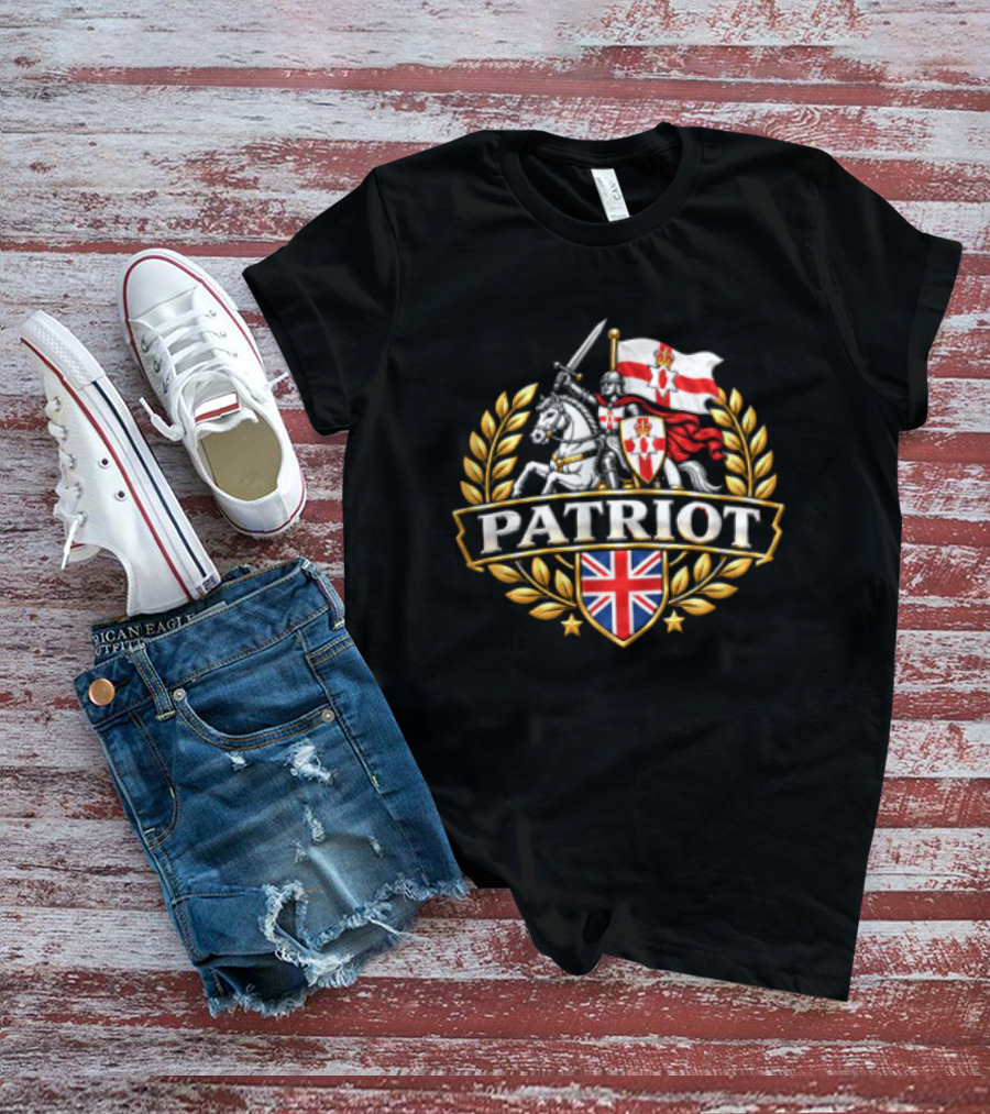 Patriot Knight Riding With Northern Ireland Flag And Union Jack Crest T-Shirt