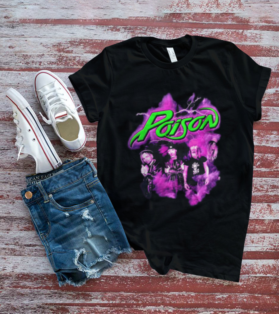 Poison Band Members Graphic With Neon Green Logo And Purple Aura T-Shirt