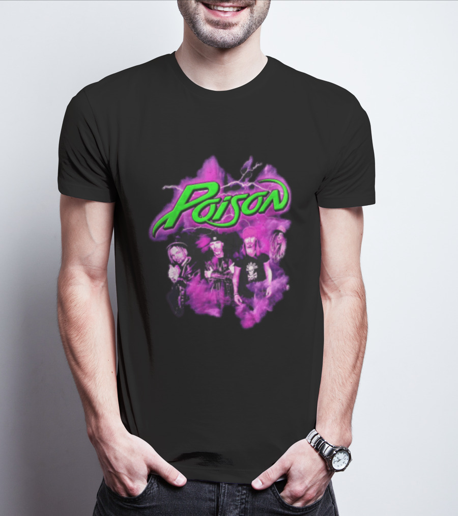 Poison Band Members Graphic With Neon Green Logo And Purple Aura T-Shirt