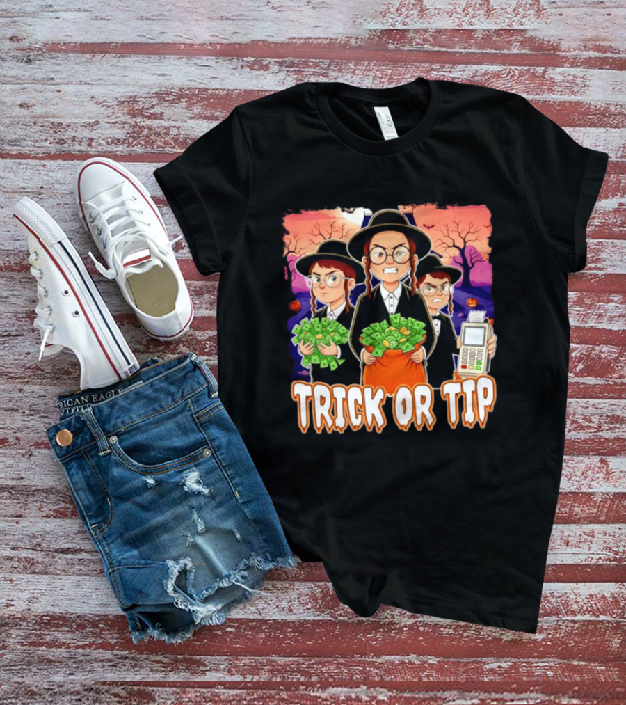 Trick Or Tip Halloween Money Bag Cartoon Characters Holding Cash And Payment Terminal T-Shirt