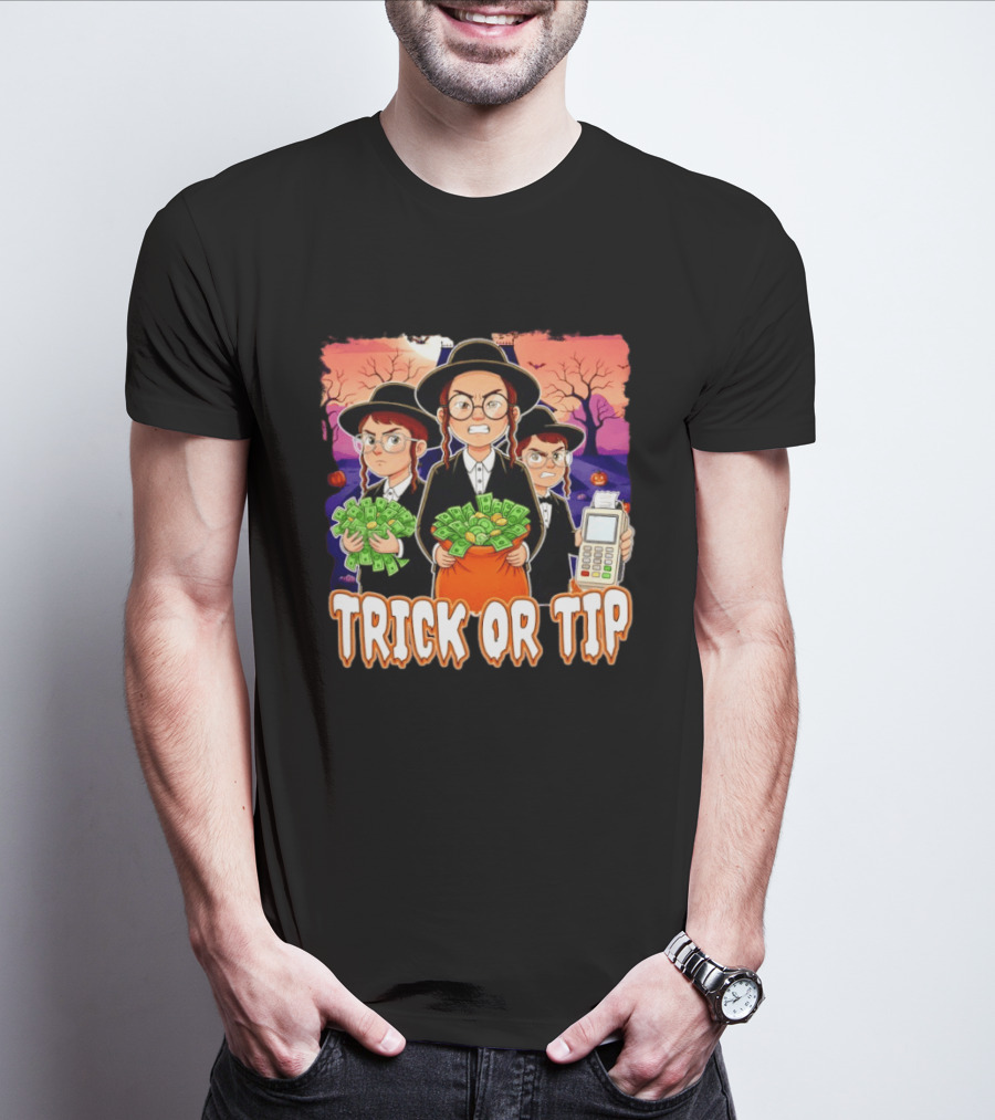 Trick Or Tip Halloween Money Bag Cartoon Characters Holding Cash And Payment Terminal T-Shirt