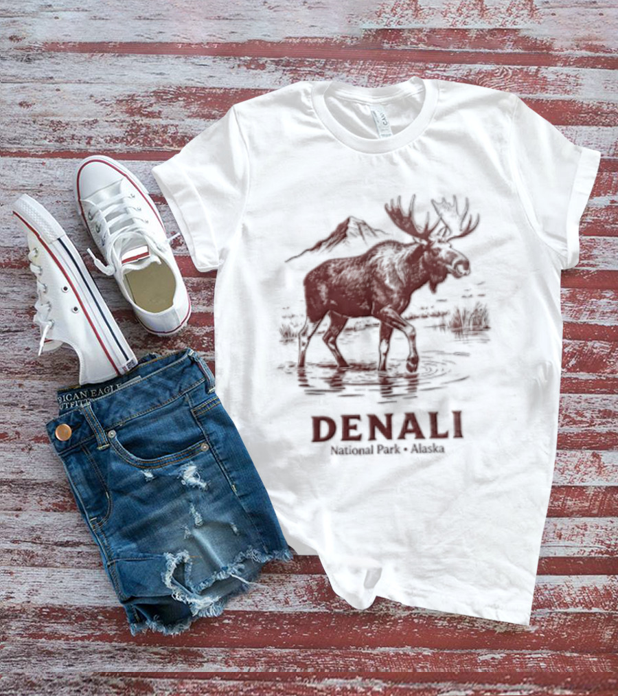 Denali Moose Walking In Water Near Mountain Scenery T-Shirt