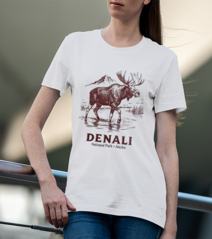 Denali Moose Walking In Water Near Mountain Scenery T-Shirt